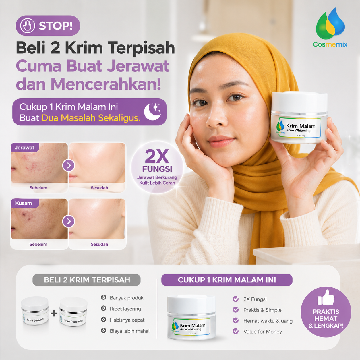 Cosmemix Night Acne Whitening Double Fungsi (10gr)